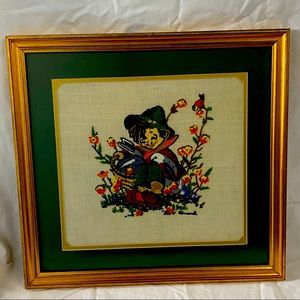 Vintage Playmates Boy and Bunny Crewel Art in Green Matting and Gold Frame